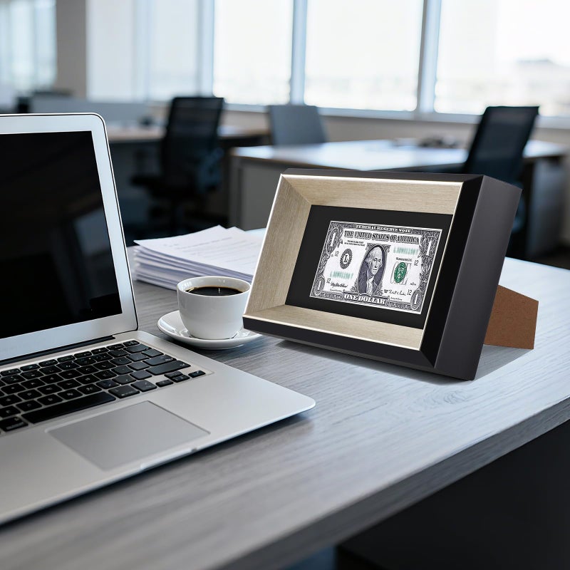 Space Art Deco,4x9 Dollar Bill Frame with Mat, Easel Stand for Tabletop or D-Ring Hangers Wall Mounting (Black/Silver,1-Pack) - Image 2