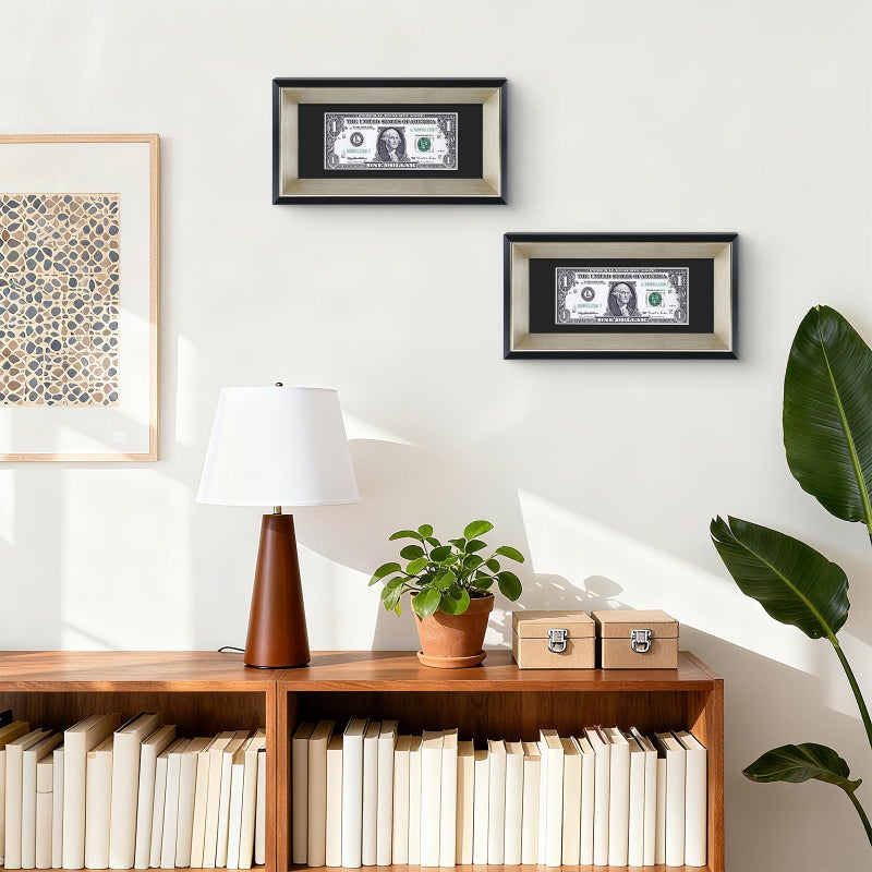Space Art Deco,4x9 Dollar Bill Frame with Mat, Easel Stand for Tabletop or D-Ring Hangers Wall Mounting (Black/Silver,1-Pack) - Image 3