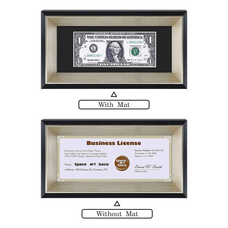 Space Art Deco,4x9 Dollar Bill Frame with Mat, Easel Stand for Tabletop or D-Ring Hangers Wall Mounting (Black/Silver,1-Pack) - Image 5