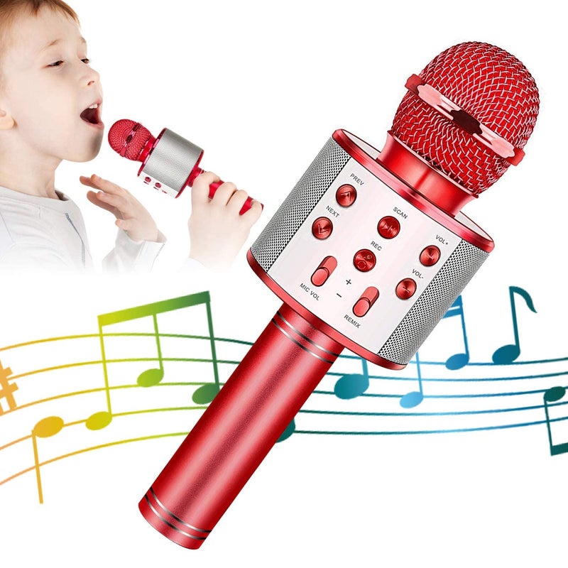 KIDWILL Wireless Bluetooth Karaoke Microphone for Kids 5in1 Portable Handheld Karaoke Mic Speaker Player Recorder with Adjustable Remix FM Radio for Kids Girls Boys Teens Birthday Red - Image 2