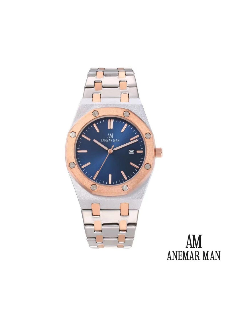 ANEMAR MAN High-quality, water-resistant men's stainless steel wristwatch with a silver and bronze strap and blue dial.