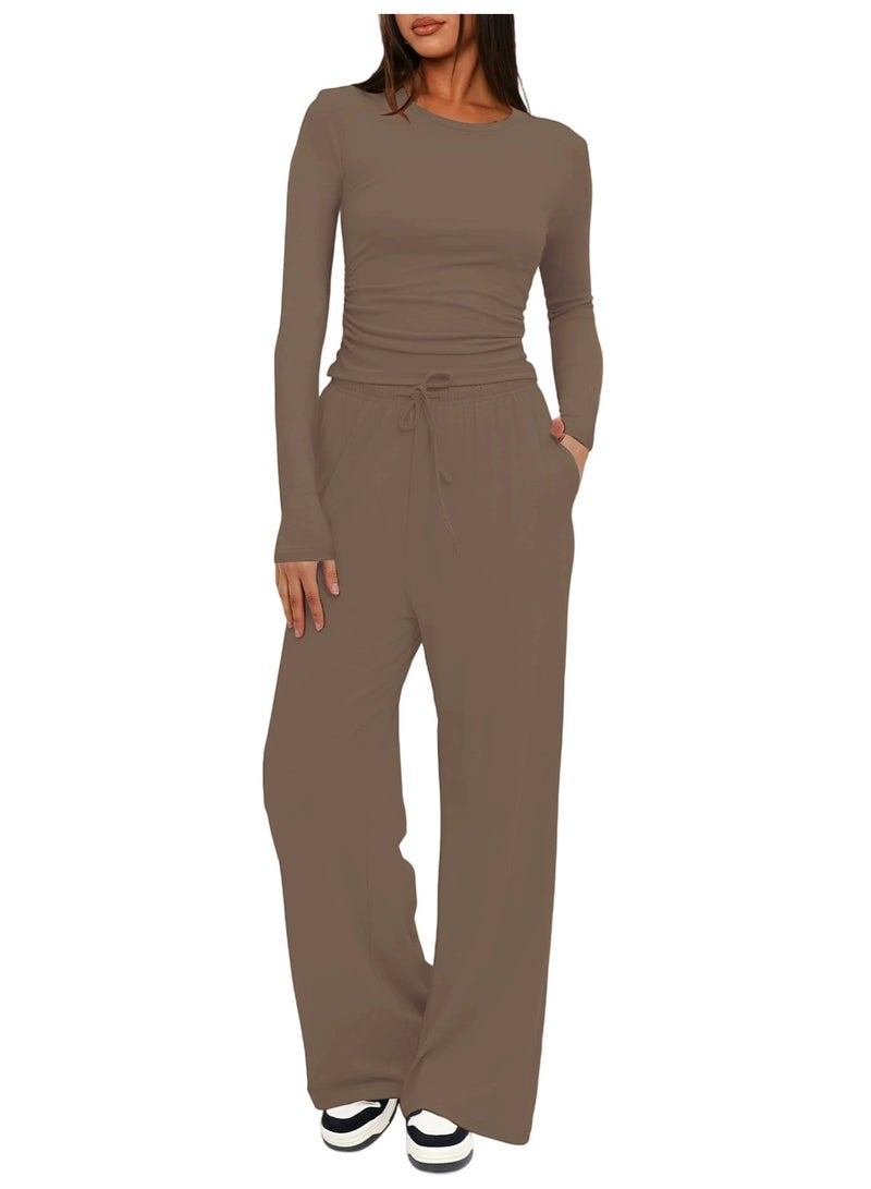 general 2025-2026 TK Solid Color Casual Long-Sleeved Settop Coat High-Waisted Wide-Fitting Pants Sports Outfit - Image 1