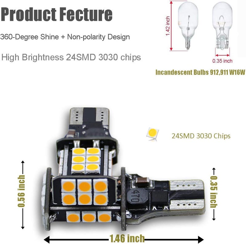 iBrightstar Extremely Bright 3030 Chipsets 921 T15 912 W16W LED Bulbs for Turn Signal Blinker Side Marker Lights, Amber Yellow - Image 2