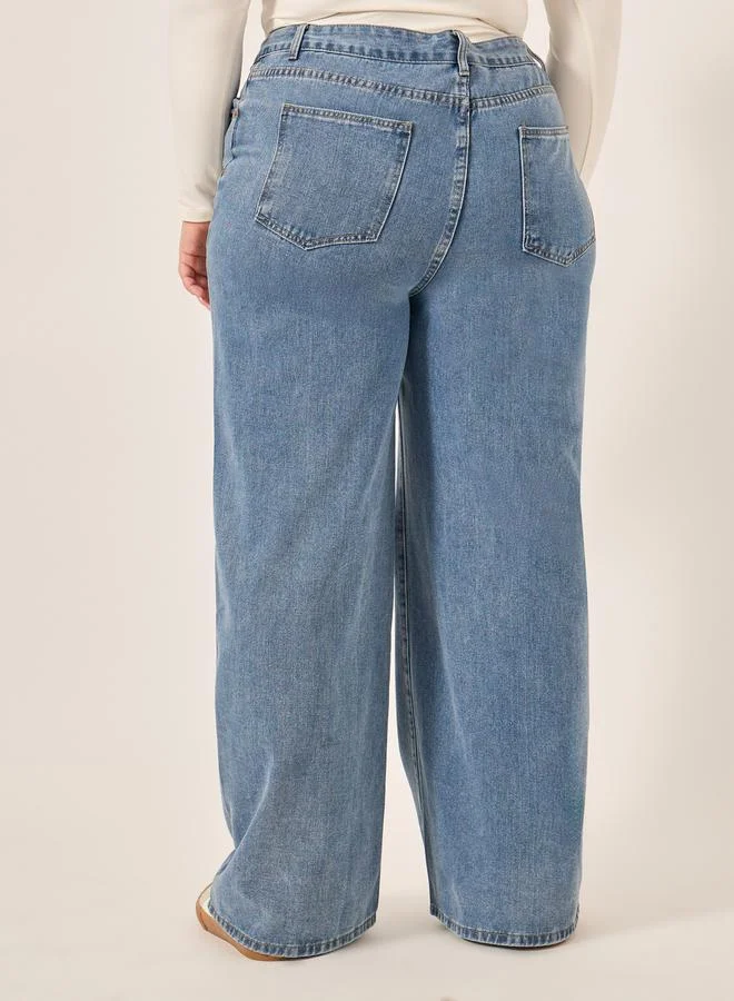 Styli Plus Size High Rise Embroidered Wide Leg Jeans