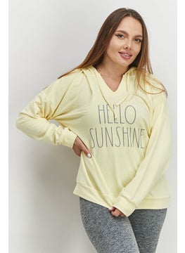 Women Hooded With Drawstring Graphic Print Sweatshirt, Yellow