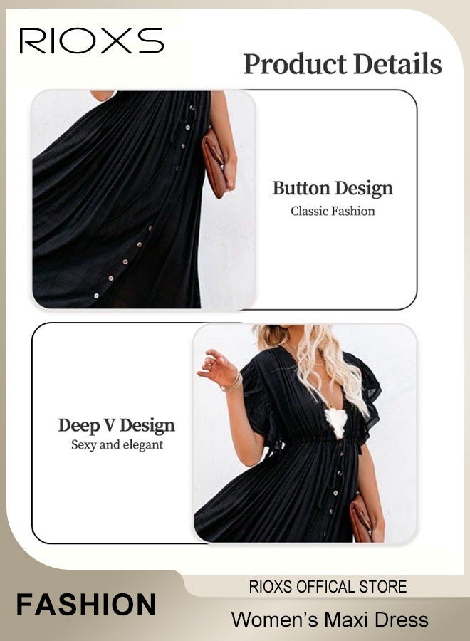 RIOXS Women's Deep V Neck Maxi Dress Bikini Cover Up Beach Swimwear Ruffle Short Sleeves Cardigan Button Dress  - Image 3