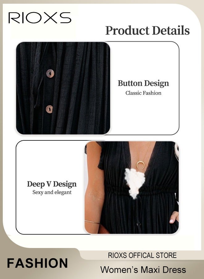 RIOXS Women's Deep V Neck Maxi Dress Bikini Cover Up Beach Swimwear Ruffle Short Sleeves Cardigan Button Dress  - Image 4
