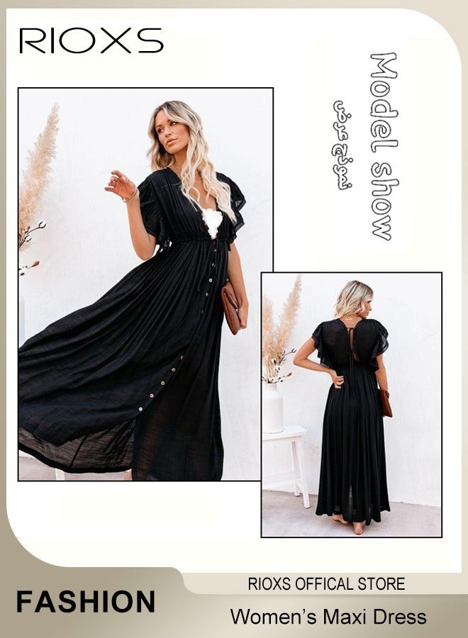 RIOXS Women's Deep V Neck Maxi Dress Bikini Cover Up Beach Swimwear Ruffle Short Sleeves Cardigan Button Dress  - Image 2