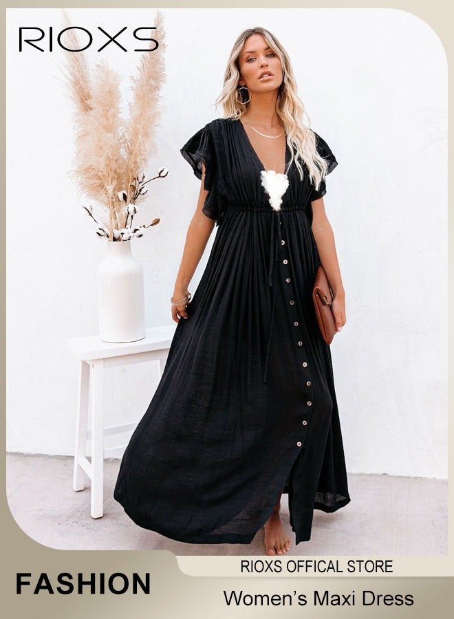 RIOXS Women's Deep V Neck Maxi Dress Bikini Cover Up Beach Swimwear Ruffle Short Sleeves Cardigan Button Dress  - Image 5
