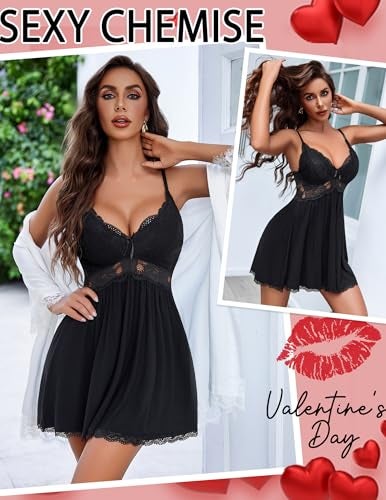 Avidlove Women's Sleepwear Sexy Night Gown Chemise Lingerie Lace Babydoll Sleepwear Nightgown Dress (Black, Medium) - Image 3