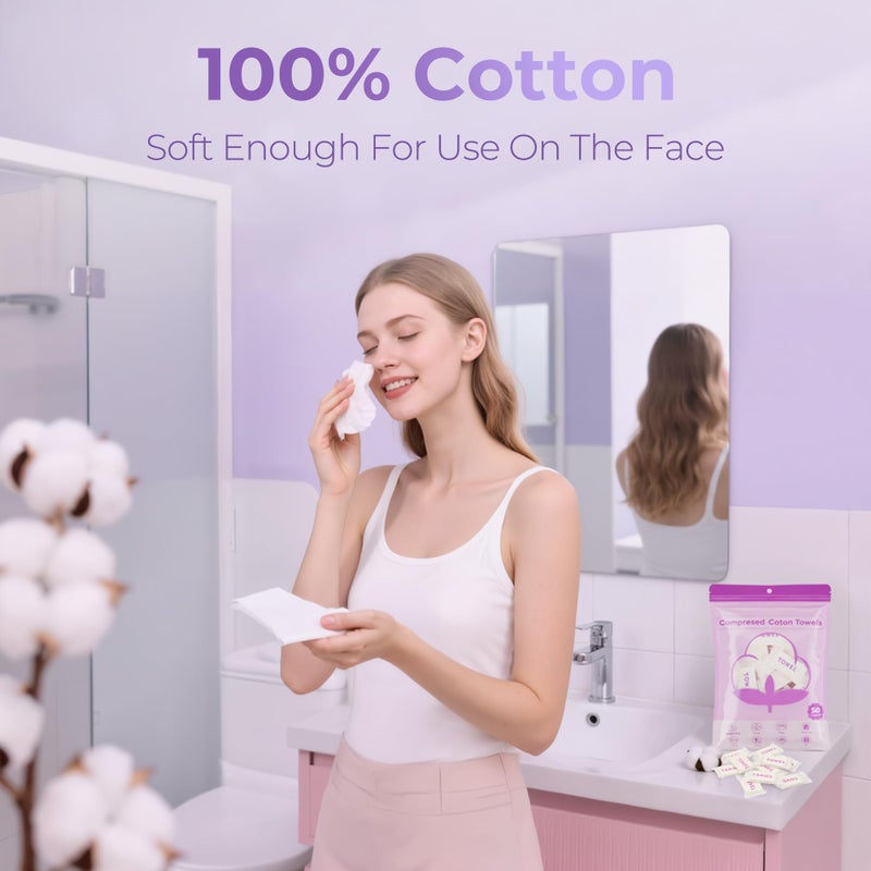 Classycoo XL Compressed Towel Tablets- 50 PCS Disposable Face Towelettes Washcloths Mini Purse Travel Size Essentials, Portable Cotton Coin Tissue for Camping, Hiking, Sport, Hand Wipes (Thickened) - Image 2