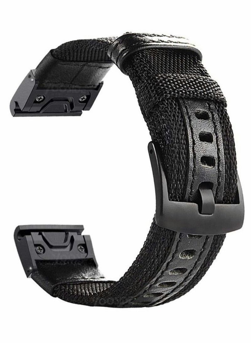 Captaintech Watch Band for Fenix 5 6, 22mm Nylon Genuine Leather Woven Watch Wristband, Fast and Easy Fit Military Wristband Compatible Garmin Fenix 5/5 Plus Fenix 6 Quatix 5 Forerunner 935 945（Black） - Image 1