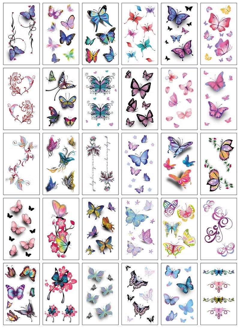 وشم مزيف مقاوم للماء - 30 ورقة بتصميمات فراشات وزهور | ملصقات فنية مؤقتة واقعية للجسم للرجال والنساء والأطفال | مثالية للمهرجانات والحفلات والسفر - Image 3