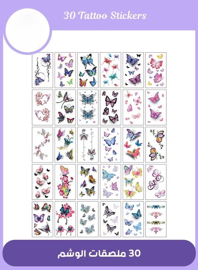 وشم مزيف مقاوم للماء - 30 ورقة بتصميمات فراشات وزهور | ملصقات فنية مؤقتة واقعية للجسم للرجال والنساء والأطفال | مثالية للمهرجانات والحفلات والسفر - Image 1