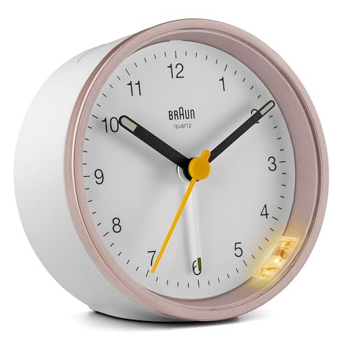 Braun Classic Analogue Alarm Clock with Snooze and Light, Quiet Quartz Movement, Crescendo Beep Alarm in White and Rose, Model BC12PW. - Image 1