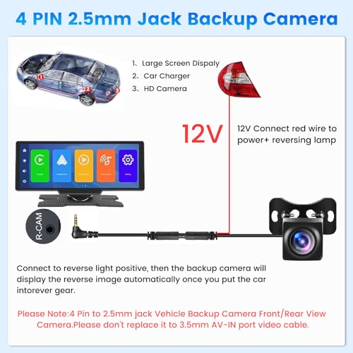 Inefala [for Portable Car Radio] 4 Pin Upgrade AHD 1080P Backup Camera, Camera for Carplay Screen 2.5mm Jack Backup Camera 2.5mm Jack Dash Cam Reverse Camera Cable,23 Ft 4 Pin to 2.5mm Male Plug - Image 3