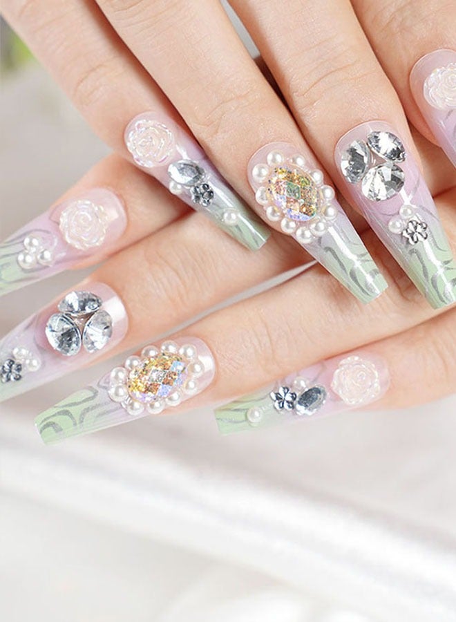 24 قطعة رقع أظافر فنية مضغوطة على الأظافر، مع مجموعة أدوات الأظافر، والماس الأخضر والأرجواني، ومجوهرات اللؤلؤ، وبقع أظافر طويلة شبه منحرف، ونماذج مزاجية متعددة الاستخدامات اليومية، وبقع مريحة، وصحة وسلامة - Image 3