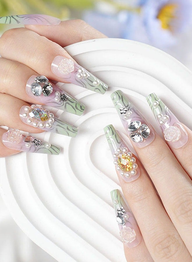 24 قطعة رقع أظافر فنية مضغوطة على الأظافر، مع مجموعة أدوات الأظافر، والماس الأخضر والأرجواني، ومجوهرات اللؤلؤ، وبقع أظافر طويلة شبه منحرف، ونماذج مزاجية متعددة الاستخدامات اليومية، وبقع مريحة، وصحة وسلامة - Image 4