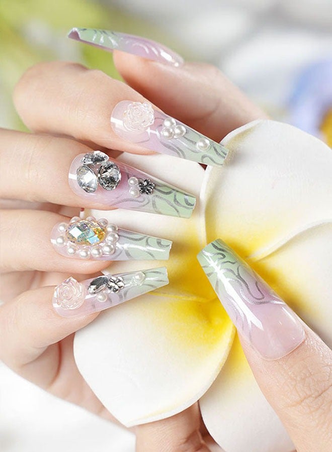 24 قطعة رقع أظافر فنية مضغوطة على الأظافر، مع مجموعة أدوات الأظافر، والماس الأخضر والأرجواني، ومجوهرات اللؤلؤ، وبقع أظافر طويلة شبه منحرف، ونماذج مزاجية متعددة الاستخدامات اليومية، وبقع مريحة، وصحة وسلامة - Image 5