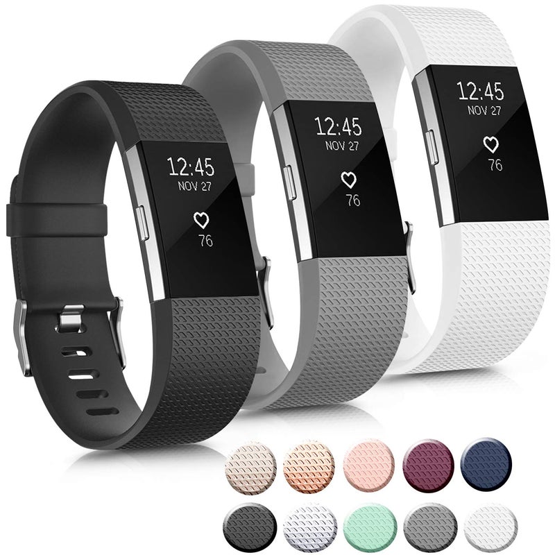 Mugust 3 Pack Sport Bands Compatible with Fitbit Charge 2 Bands Women Men, Adjustable Replacement Strap Wristbands for Fitbit Charge 2 HR Small Large (Large, Black/Gray/White) - Image 1