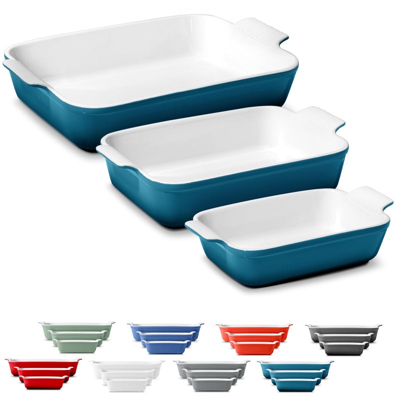 ROSSALLINI Stoneware Casserole Dish Bakeware Set of 3 | Rectangular Dinnerware Set with Handles [Ocean Blue] - Image 1