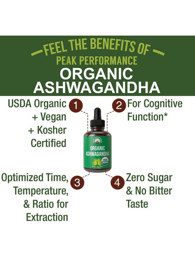 Peak Performance Ashwagandha Liquid Drops. USDA Organic Vegan Supplement. Extra Strength Ashwagandha Root Extract For Women, Men, Kids. With Adaptogens. Zero Sugar, Organic, Gluten Free Tincture Supplements. - Image 2
