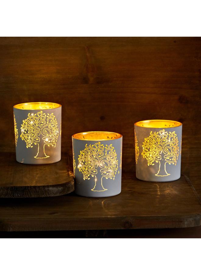 Home Box Evren 3-Piece Cutwork Tealight Candleholder Set with LED Lights - 7x7x8 cm - Image 1