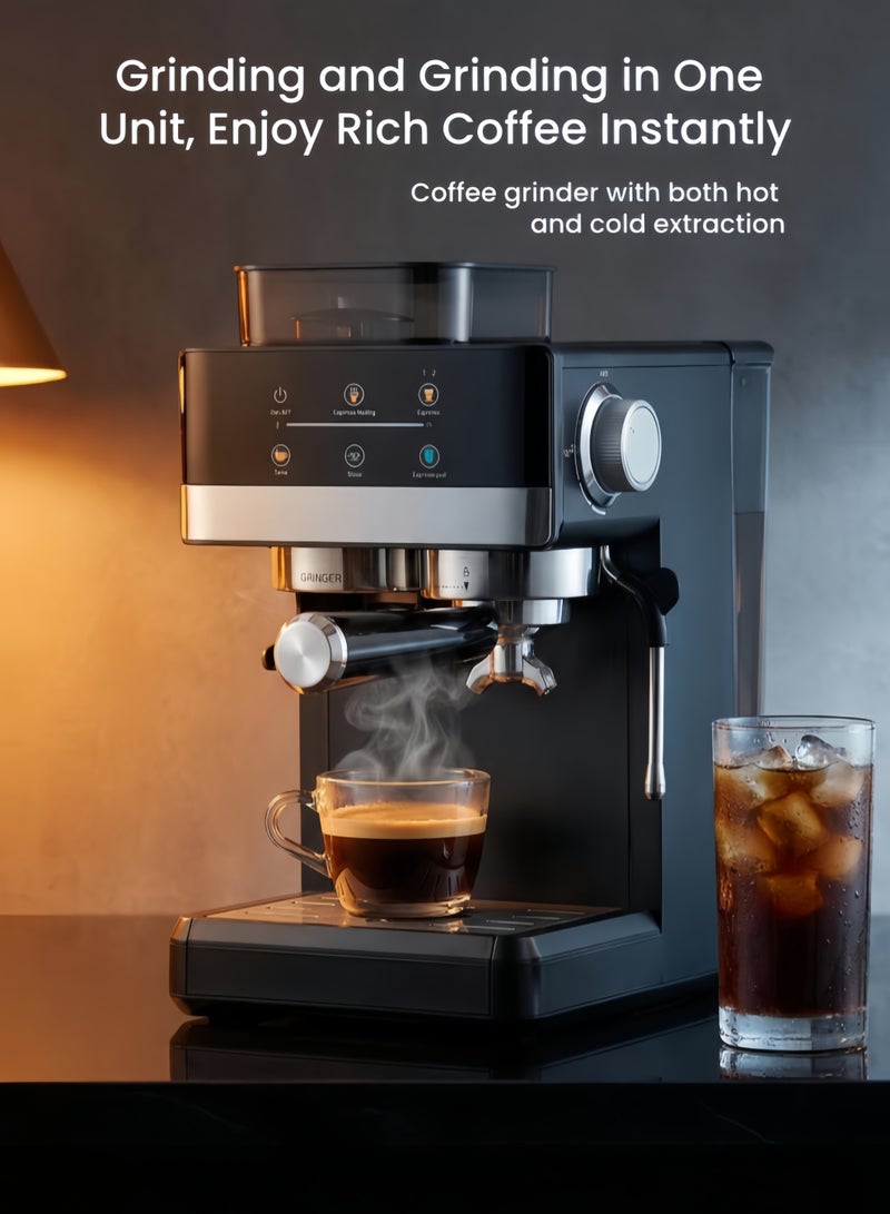 nihao 20Bar Semi-Automatic Espresso Machine with Grinder,Milk Frother,20-Step Adjustable Grinder, Professional Steam Wand for Latte, Cappuccino, Flat White, Home & Office Coffee Maker.1.8L,1350W - Image 1