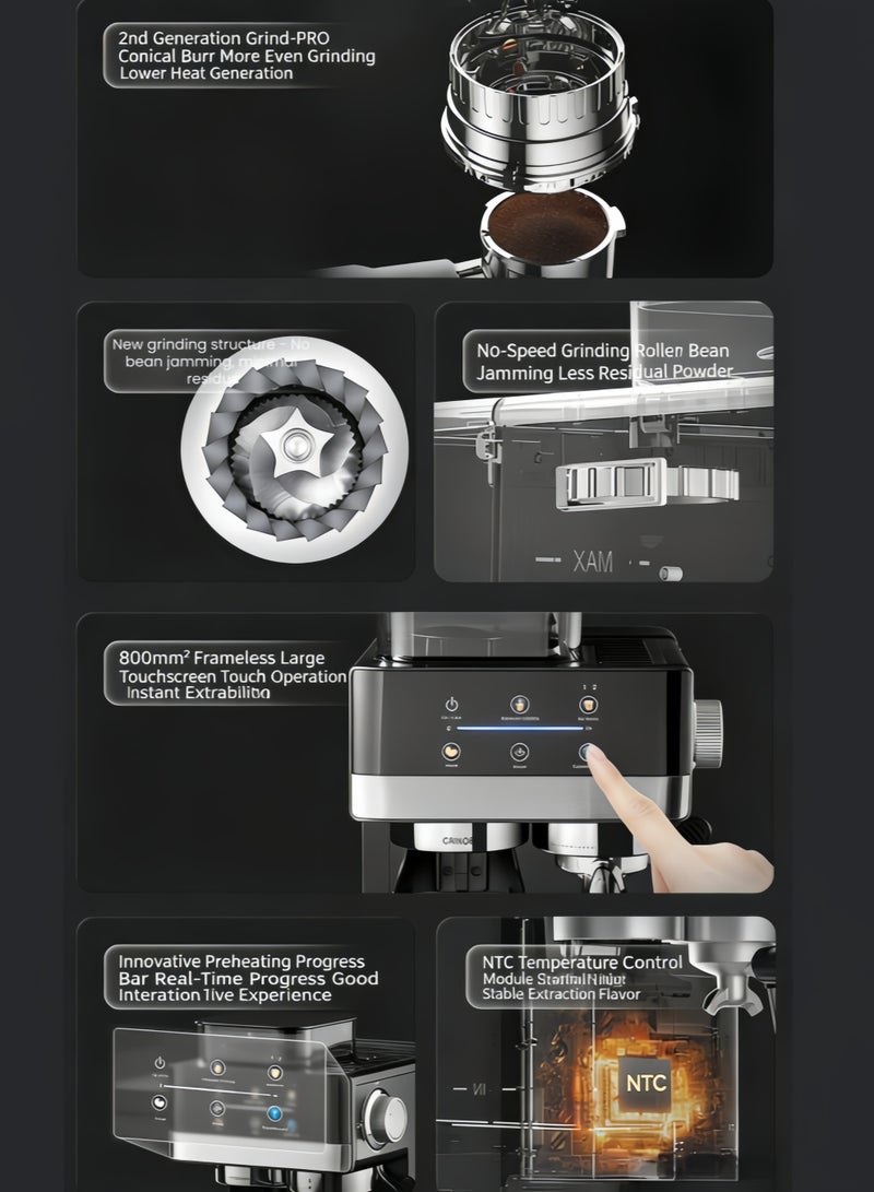 nihao 20Bar Semi-Automatic Espresso Machine with Grinder,Milk Frother,20-Step Adjustable Grinder, Professional Steam Wand for Latte, Cappuccino, Flat White, Home & Office Coffee Maker.1.8L,1350W - Image 5