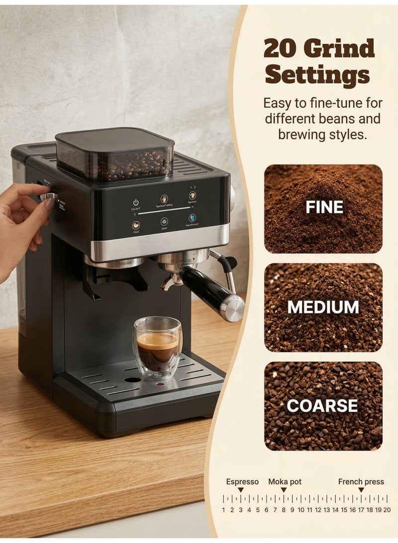nihao 20Bar Semi-Automatic Espresso Machine with Grinder,Milk Frother,20-Step Adjustable Grinder, Professional Steam Wand for Latte, Cappuccino, Flat White, Home & Office Coffee Maker.1.8L,1350W - Image 2