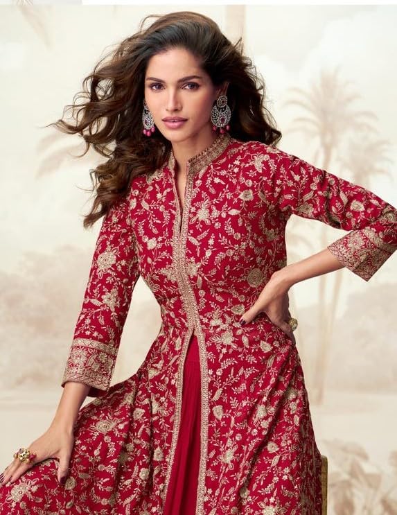 Miss Ethnik Women's Red Chinon Stitched Kurta With Bottom and Dupatta 3/4 Sleeve Embroidered Lehenga Set (ME-1288-Red-XXL) - Image 3