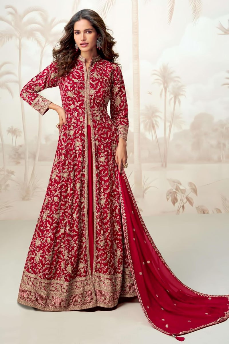 Miss Ethnik Women's Red Chinon Stitched Kurta With Bottom and Dupatta 3/4 Sleeve Embroidered Lehenga Set (ME-1288-Red-XXL) - Image 2
