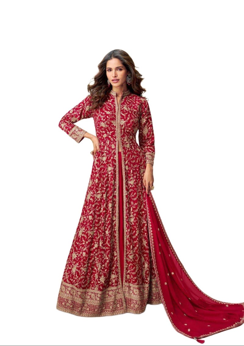 Miss Ethnik Women's Red Chinon Stitched Kurta With Bottom and Dupatta 3/4 Sleeve Embroidered Lehenga Set (ME-1288-Red-XXL) - Image 5