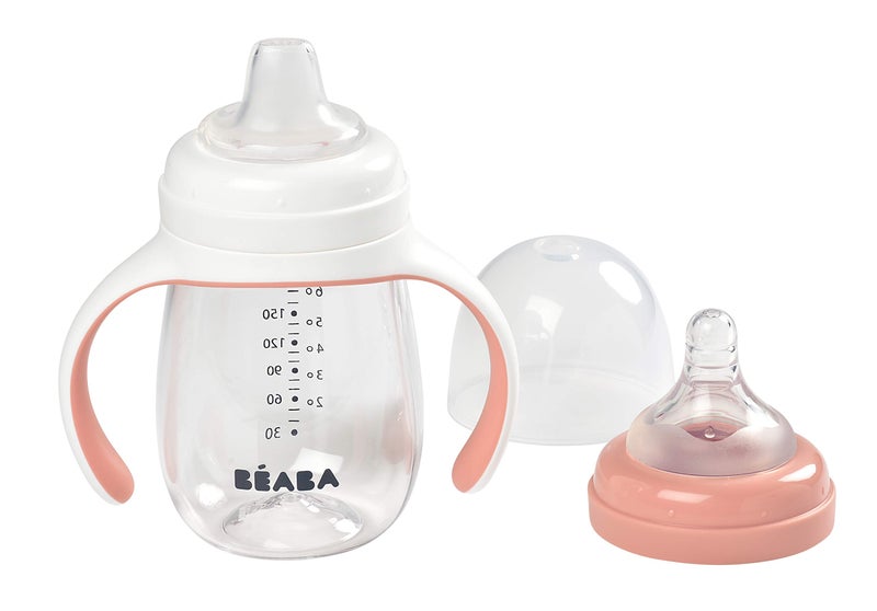 BEABA 2-in-1 Baby Bottle to Transition Sippy Cup, No Spill Sippy Cup, Includes Removable Handles, Silicone Baby Bottle Nipple and Soft Spout, 7 oz (Rose) - Image 2