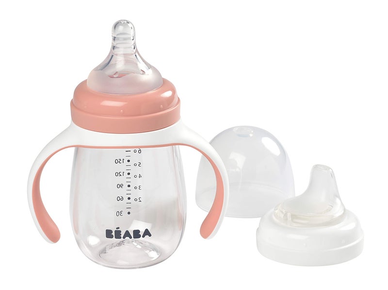 BEABA 2-in-1 Baby Bottle to Transition Sippy Cup, No Spill Sippy Cup, Includes Removable Handles, Silicone Baby Bottle Nipple and Soft Spout, 7 oz (Rose) - Image 1