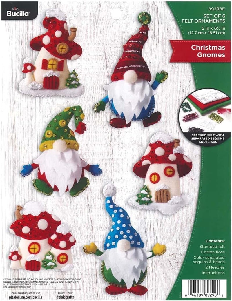 Gnomes, Felt Applique Christmas Ornaments, Set of 6, 89298E
