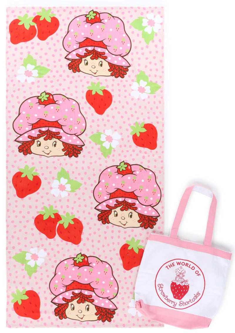 Jay Franco Beach Towel and Tote Bag Set - 16"x 14.5"Canvas Shoulder Handbag with 28"x 58"Super Soft Absorbent Bath Towel, Licensed Product, Pink - Strawberry Shortcake - Image 1