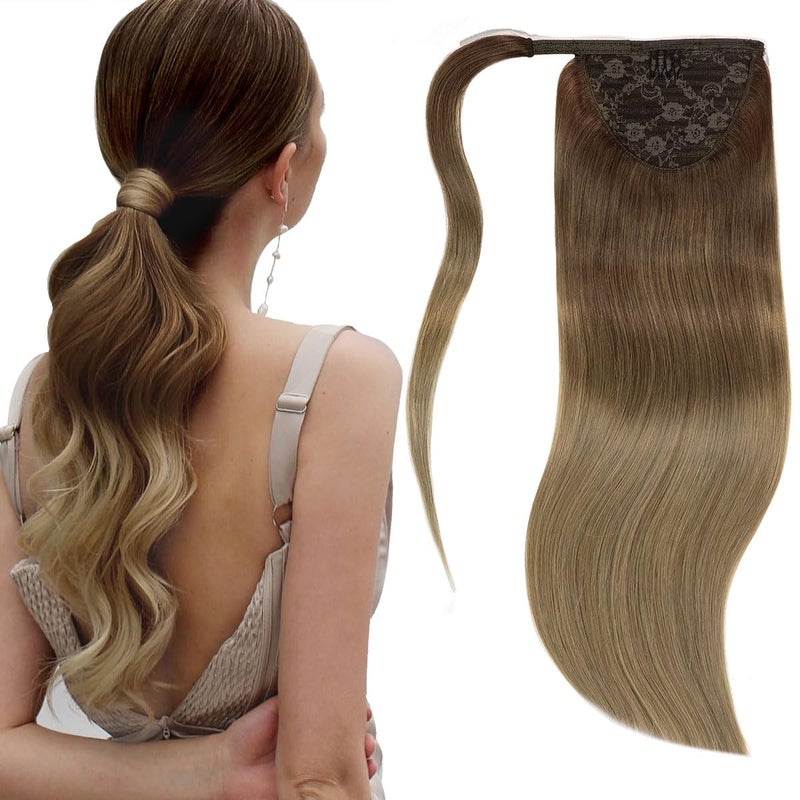 Lacer Hair Extensions Ponytail Human Hair Long Straight Invisible Hairpieces Extension Ombre Dark Brown to Light Brown Real Hair Ponytail Extension for Women 90 Grams 20 Inch