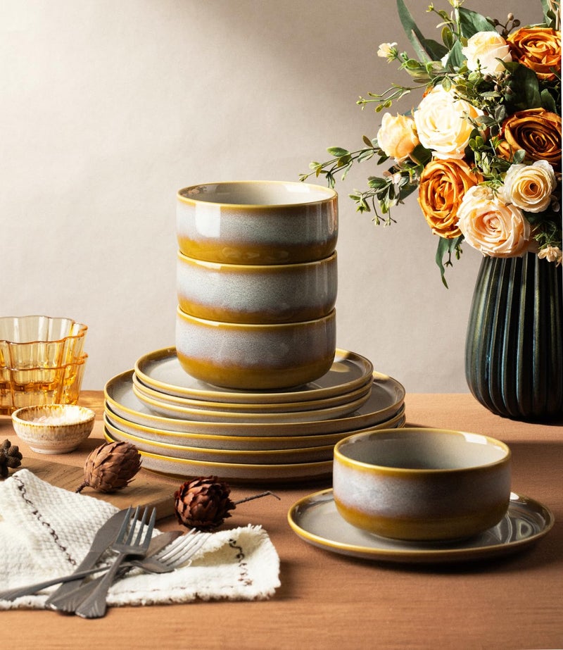 TheTerra Ceramic Dinnerware Sets for 4, 12 Pieces Handmade Reactive Glaze Plates and Bowls Set, Scratch Resistant Dish Set, Oven & Microwave & Dishwasher Safe, Amber Amethyst - Image 5