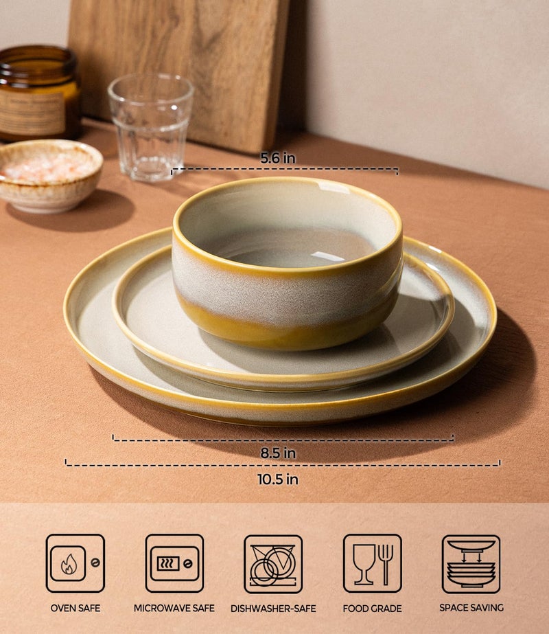TheTerra Ceramic Dinnerware Sets for 4, 12 Pieces Handmade Reactive Glaze Plates and Bowls Set, Scratch Resistant Dish Set, Oven & Microwave & Dishwasher Safe, Amber Amethyst - Image 2