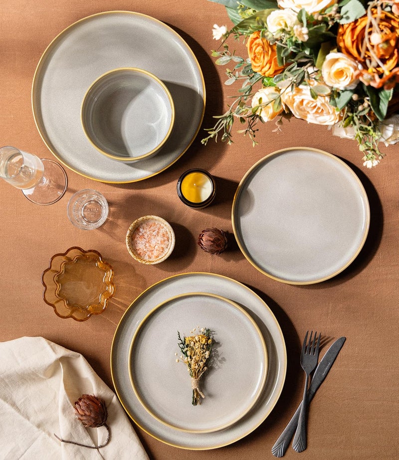 TheTerra Ceramic Dinnerware Sets for 4, 12 Pieces Handmade Reactive Glaze Plates and Bowls Set, Scratch Resistant Dish Set, Oven & Microwave & Dishwasher Safe, Amber Amethyst - Image 3