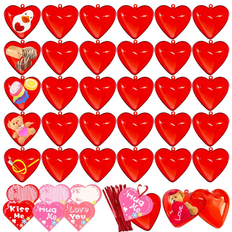 Blvochnnt 30 Pack Valentine Hearts Plastic Filled Candy Box With Cards Wires Sets 2.6 Inch Red Heart Shaped Fillable Hanging Ornament Container For Valentine Party Favor Birthday Wedding Supplies - Image 1