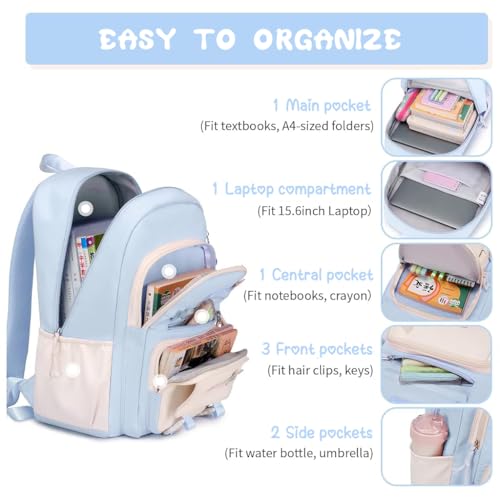 Climberty Cotton Girls School Backpack Kawaii Blue School Book Bag Multi Compartment 15.6 Inches Travel Backpack School Bag For Girls 6-12 Years Old Birthday Gift Christmas Gift, 32X15X45Cm - Image 4