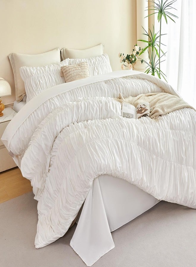 PERFEMET White Bedding Queen Size Set, 5 Pieces Fluffy Ruched Comforter (90"x90"), Luxury Soft Boho Chic Ruffled Bed in a Bag with Sheet, All Season Farmhouse Pleated Texture Bed Sets(White, Queen) - Image 3