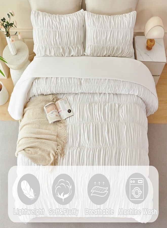 PERFEMET White Bedding Queen Size Set, 5 Pieces Fluffy Ruched Comforter (90"x90"), Luxury Soft Boho Chic Ruffled Bed in a Bag with Sheet, All Season Farmhouse Pleated Texture Bed Sets(White, Queen) - Image 4