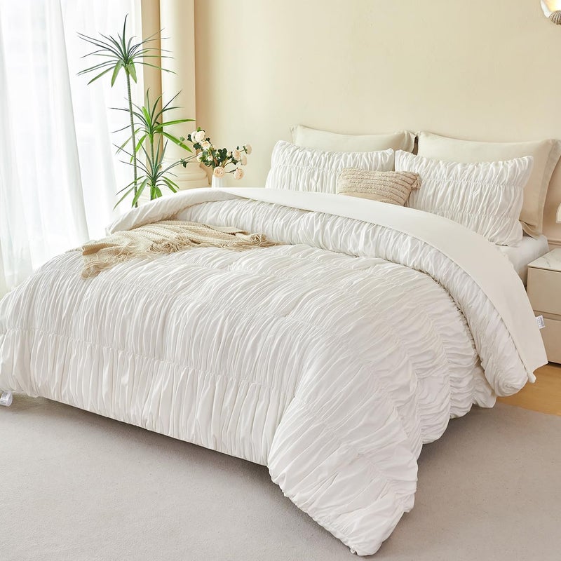 PERFEMET White Bedding Queen Size Set, 5 Pieces Fluffy Ruched Comforter (90"x90"), Luxury Soft Boho Chic Ruffled Bed in a Bag with Sheet, All Season Farmhouse Pleated Texture Bed Sets(White, Queen) - Image 1