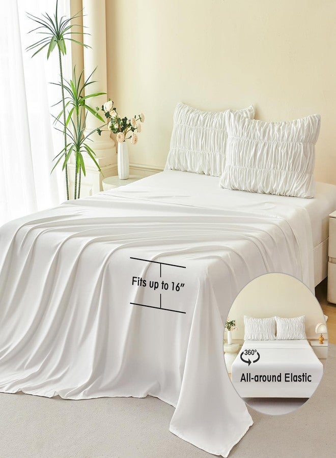 PERFEMET White Bedding Queen Size Set, 5 Pieces Fluffy Ruched Comforter (90"x90"), Luxury Soft Boho Chic Ruffled Bed in a Bag with Sheet, All Season Farmhouse Pleated Texture Bed Sets(White, Queen) - Image 5