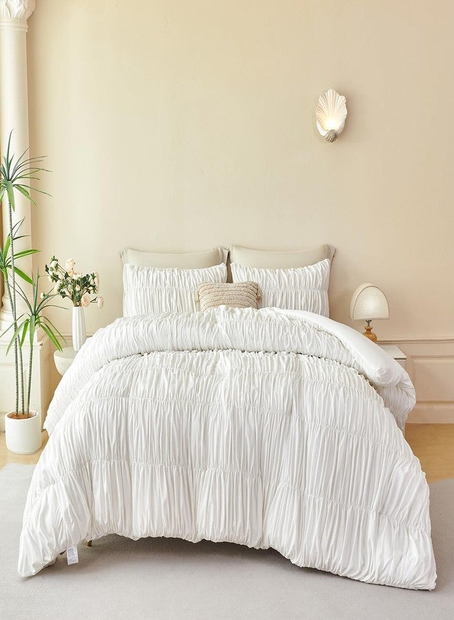 PERFEMET White Bedding Queen Size Set, 5 Pieces Fluffy Ruched Comforter (90"x90"), Luxury Soft Boho Chic Ruffled Bed in a Bag with Sheet, All Season Farmhouse Pleated Texture Bed Sets(White, Queen) - Image 2