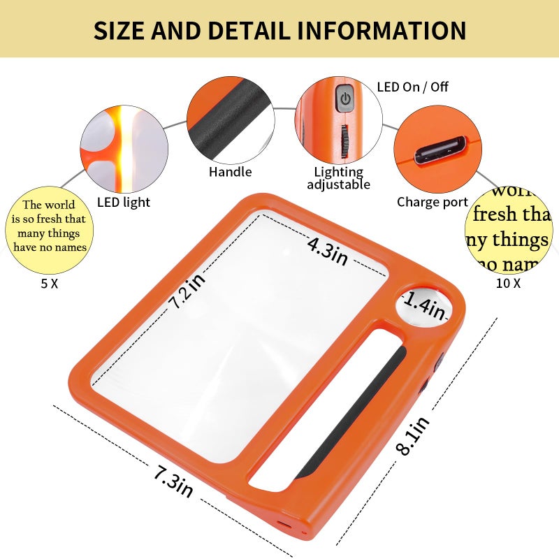 Amoper 5X 10X Full-Page Magnifying Glass with Light, Rechargeable Handheld Magnifier with 3 Light Modes, 48 Lights, Clean Cloth Ideal Gift for Seniors Reading Books Inspection - Image 3