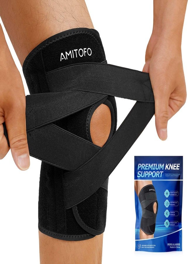 AMITOFO Knee Brace for Meniscus Tear with Spring Stabilizers, Adjustable ACL MCL Support for Arthritis Pain Relief, Patella Gel Pad & Cross Straps for Men Women - Image 1
